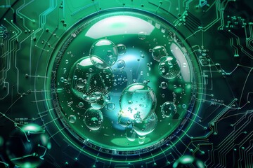 Obraz premium Futuristic 3D rendering with a green circular background featuring technological elements and liquid bubbles in a dark blue-green color scheme, showcasing electronic circuits and detailed tech imagery