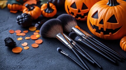 Halloween makeup brushes and pumpkins on a table
