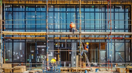 Construction workers installing windows on a building.