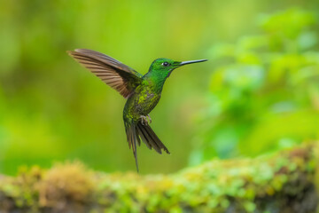 Empress Brilliant, Heliodoxa imperatrix in flight, Impressive hummingbird of Andean cloud forest in northwestern Ecuador and western Colombia.