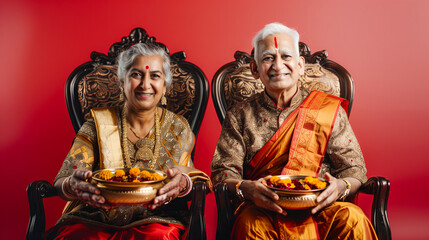 Obraz premium Old age Indian couple holding puja thali sitting on royal chair for festival look