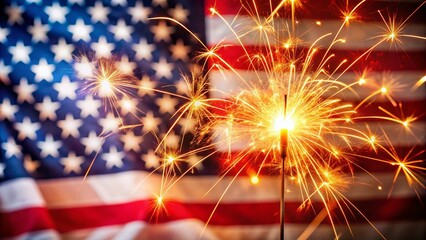 Vibrant sparks and soft lights shimmer against a subtle American flag background, evoking a celebratory atmosphere perfect for Independence Day, with ample space for text overlay.