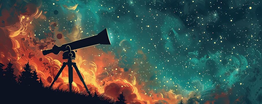Astronomy, telescope observing stars, flat design illustration