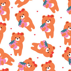 seamless pattern cartoon bears with strawberry. cute animal wallpaper illustration for gift wrap paper