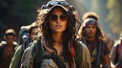 Fototapeta premium A group of friends of different ethnicities hiking together