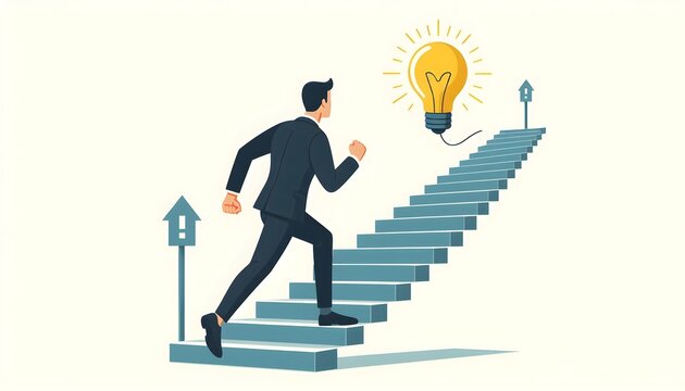 Business person with idea, best practices development, strategy to success or improvement, planning, progress or implementation process, efficiency or productivity concept