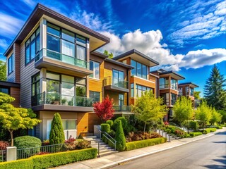 Fototapeta premium Vibrant sunny day showcases modern Canadian residential architecture in Vancouver, featuring sleek low-rise new townhouses and stylish neighborhood homes with lush green surroundings.