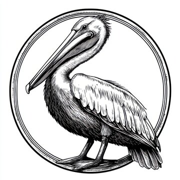 recommend clip art: Black and white Vintage engraved art of a pelican in a circular stamp logo style, isolated on white background, ink sketch illustration, simple vector art design, highly detailed line art