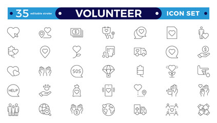 Volunteer icon set. Charity and Volunteering thin line style of philanthropic icons: almsgiving, helping those in need, donation, contribution, humanism, altruism.  Editable stroke outline icon. 