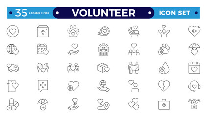 Volunteer icon set. Charity and Volunteering thin line style of philanthropic icons: almsgiving, helping those in need, donation, contribution, humanism, altruism.  Editable stroke outline icon. 