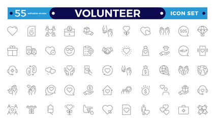 Volunteer icon set. Charity and Volunteering thin line style of philanthropic icons: almsgiving, helping those in need, donation, contribution, humanism, altruism.  Editable stroke outline icon. 