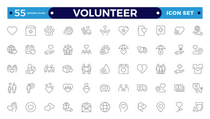 Volunteer icon set. Charity and Volunteering thin line style of philanthropic icons: almsgiving, helping those in need, donation, contribution, humanism, altruism.  Editable stroke outline icon. 