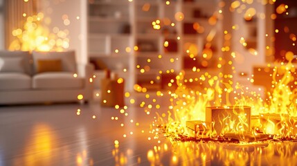 Obraz premium A living room with a cozy fireplace surrounded by candles and decorative lights, creating a warm and inviting atmosphere in the evening.