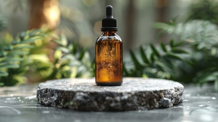 A bottle of essential oil is sitting on a stone slab