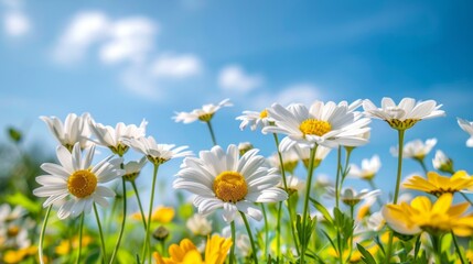 A field of white and yellow flowers with a blue sky in the background