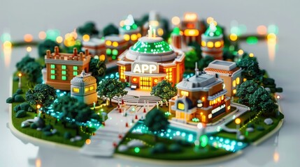 Colorful miniature smart city model with illuminated buildings and trees, showcasing modern architecture and technology advancements.