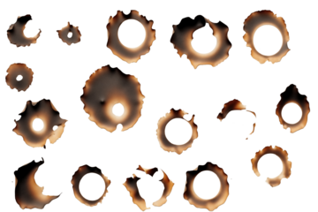 Set Of burnt holes in piece of paper PNG isolated on white and transparent background - Scorched edges Paper burns marks Fire damage Ashen paper