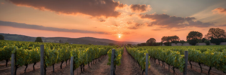 Sunset Over Vineyard with Grapevines in Focus