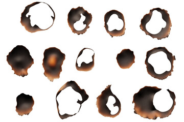 Set Of burnt holes in piece of paper PNG isolated on white and transparent background - Scorched edges Paper burns marks Fire damage Ashen paper