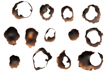 Set Of burnt holes in piece of paper PNG isolated on white and transparent background - Scorched edges Paper burns marks Fire damage Ashen paper