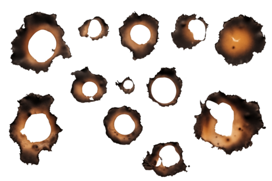 Set Of burnt holes in piece of paper PNG isolated on white and transparent background - Scorched edges Paper burns marks Fire damage Ashen paper