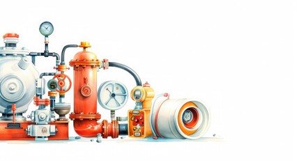 Industrial equipment with pipes, valves, and gauges, isolated on a white background. Perfect for engineering and technology themes.