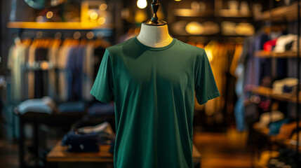 Fototapeta premium Green plain t-shirt mockup in store displayed on mannequin, clothing store background, Ai generated Images