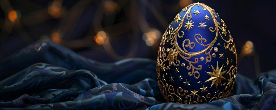 A blue and gold egg with stars on it sits on a blue cloth