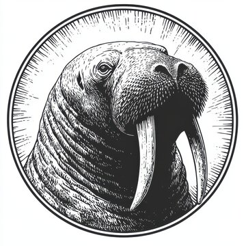 recommend clip art: Black and white Vintage engraved art of a walrus in a circular stamp logo style, isolated on white background, ink sketch illustration, simple vector art design, highly detailed line art