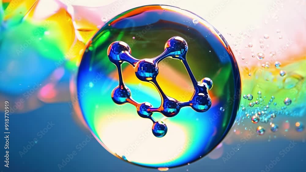 Poster a close-up view of a droplet reflecting a spectrum of colors while highlighting intricate molecular 