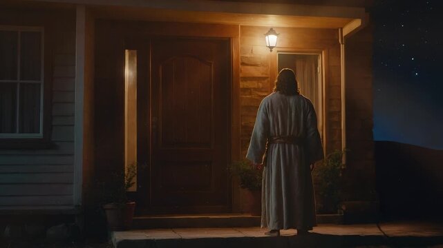 Jesus standing in front of the house, christian background, motion loop