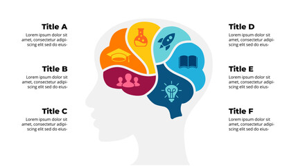 Human Head Brain Infographic. Vector Educational Concept. Presentation Template. Creative thinking illustration. Circle diagram 6 steps parts options. Generating Idea Brainstorming Process.