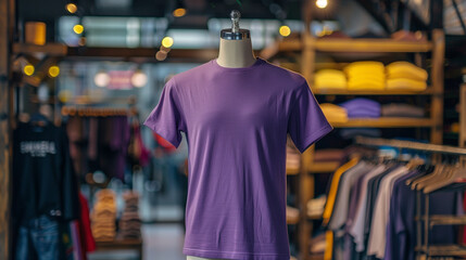 purple plain t-shirt mockup in store displayed on mannequin, clothing store background, Ai generated Images