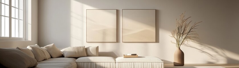 Cozy living room with soft cushions and minimalistic decor, featuring natural light and serene artwork on walls.