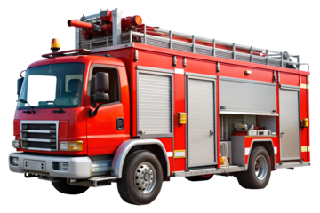 A clear backdrop with a lonely red fire vehicle equipped with emergency equipment. Generated with AI