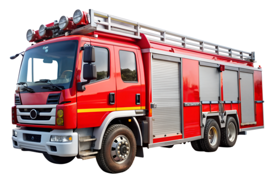 A clear backdrop with a lonely red fire vehicle equipped with emergency equipment. Generated with AI