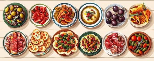 Tapas spread, small plates variety, flat design illustration