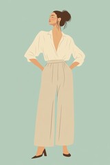 Minimalism illustration, a Caucasian woman, wearing a sustainable linen blouse with bamboo fiber wide-leg pants, standing with arms slightly bent and a relaxed pose, eco-friendly fashion, boho