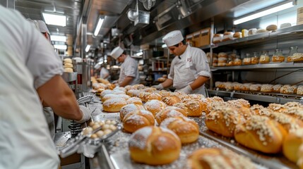 A bakery with three bakers working on a conveyor belt