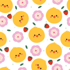 seamless pattern cute chick with flower and strawberry. cute animal wallpaper for textile, gift wrap paper