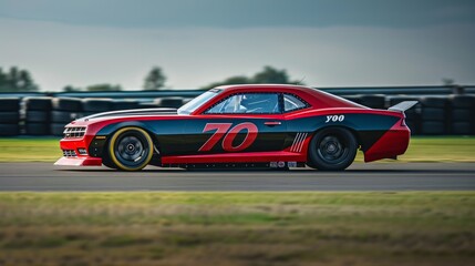 A red and black race car with the number 70 on the side