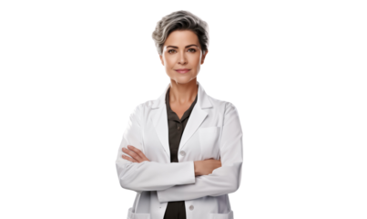 Portrait of a smiling senior female doctor, standing arms crossed, isolated on transparent background