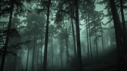 A foggy forest with tall, dark trees creating a mysterious and eerie atmosphere.
