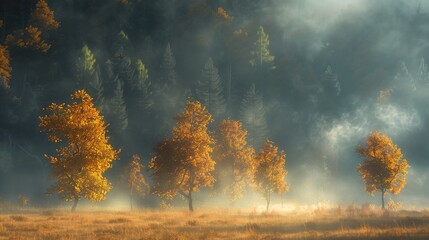 A foggy morning in the countryside, with fall trees emerging through the mist and creating a mystical scene.