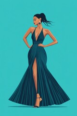 Minimalism illustration, a Latina woman, wearing a striking teal gown with a halter neckline and pleated skirt, standing with one hand on her hip, elegant fashion, boho, flat illustration