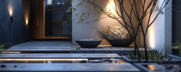 A black and white photo of a courtyard with a tree and a fountain