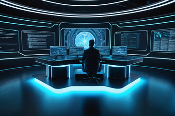 Focused businesswoman analyzing data on multiple monitors in modern office interior