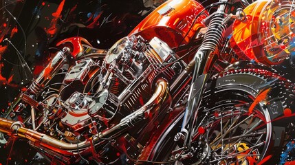 Fototapeta premium A painting of a motorcycle with a red engine and black wheels