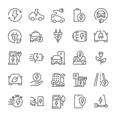 Electric car, charging station thin line icons collection. Editable stroke. For website marketing design, logo, app, template, ui, etc. Vector illustration.