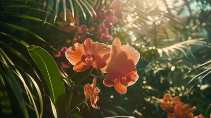 A bunch of orange flowers are in a lush green jungle